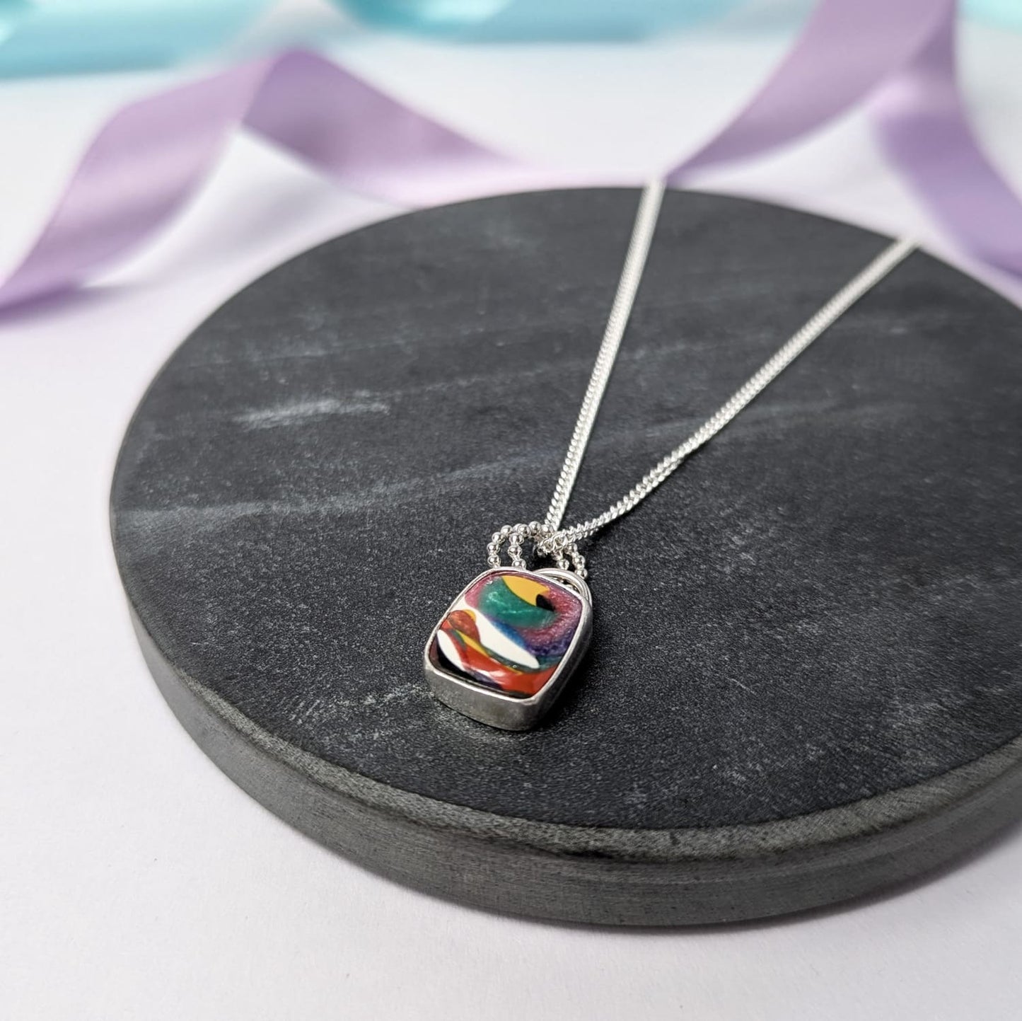 Surfite Rectangle Pendant Necklace. Recycled Sterling Silver