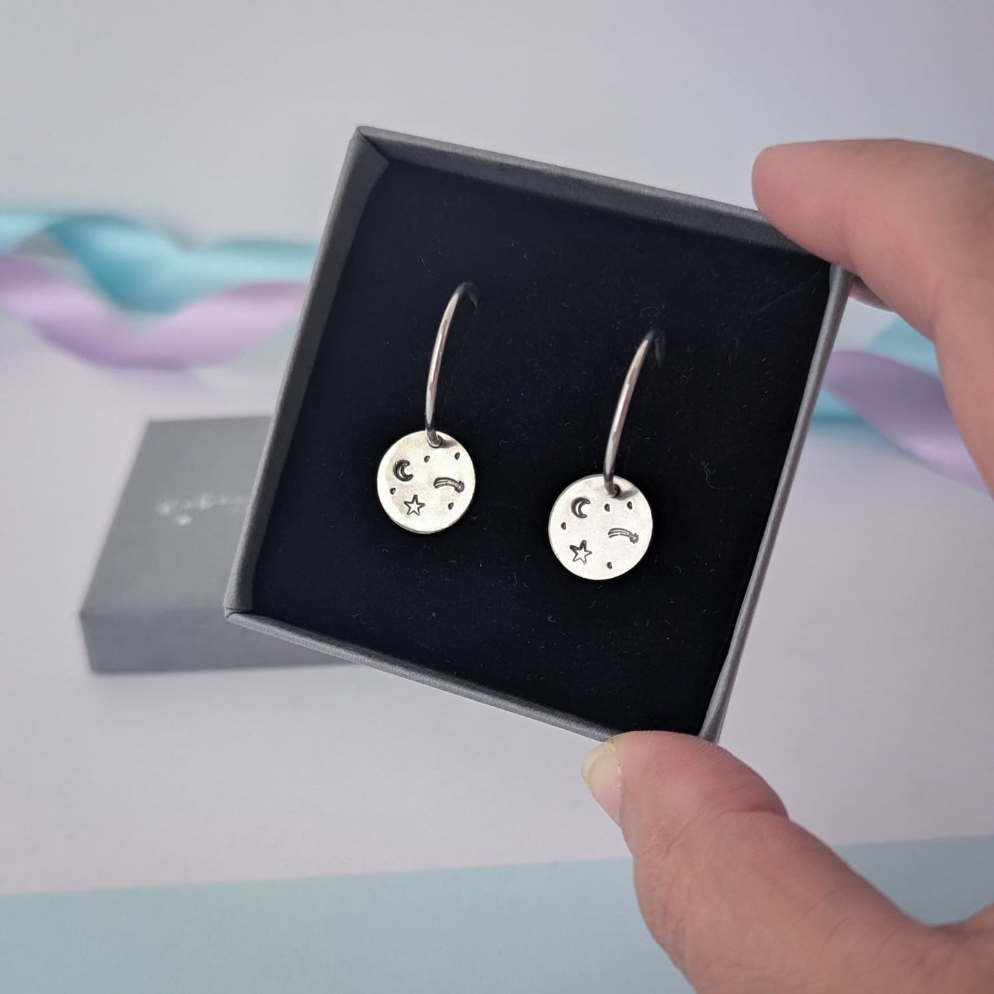 Stargazer disc hoop earrings. Recycled Silver.
