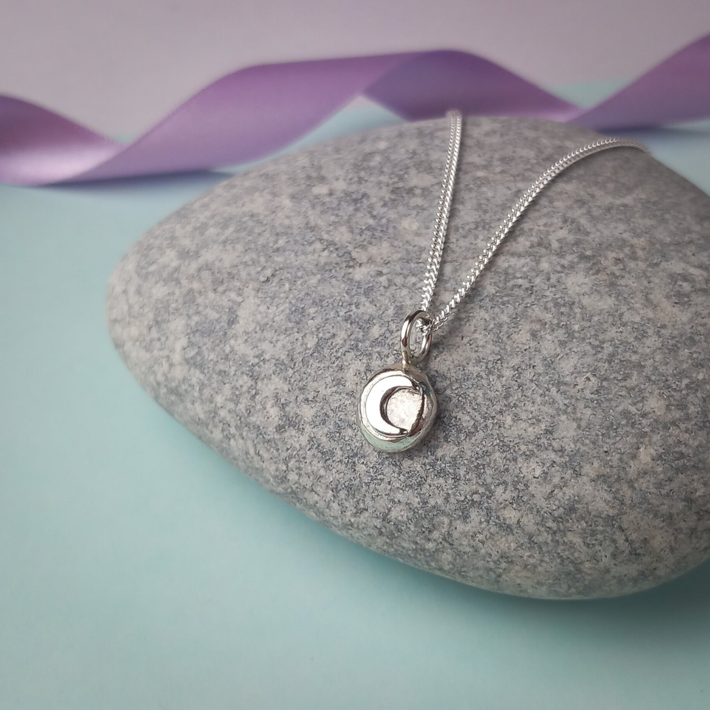 Solid Silver Moon Pebble Pendant.