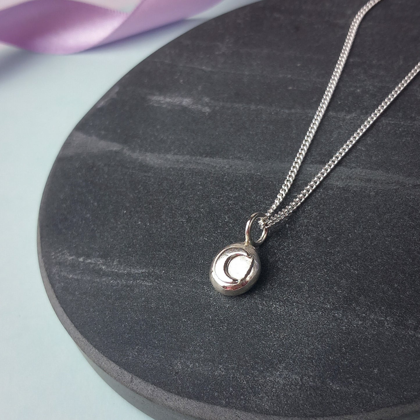 Solid Silver Moon Pebble Pendant.
