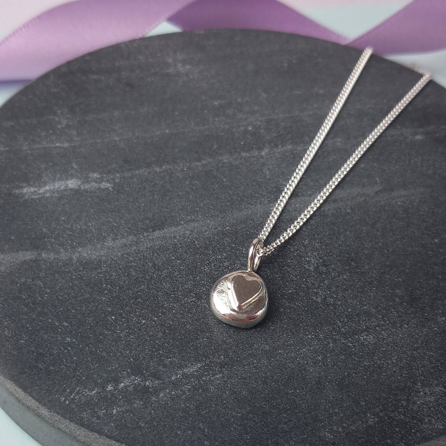 Solid Silver Heart Pebble Pendant.
