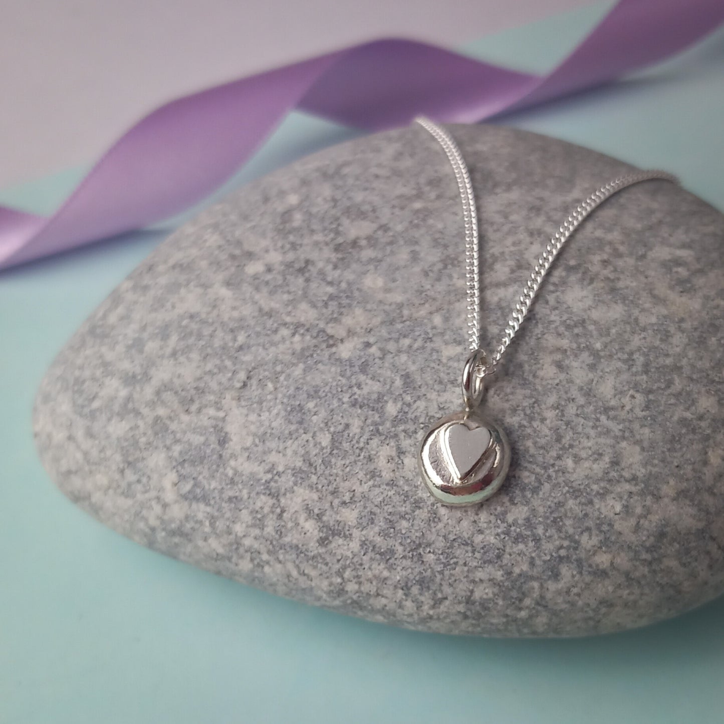 Solid Silver Heart Pebble Pendant.
