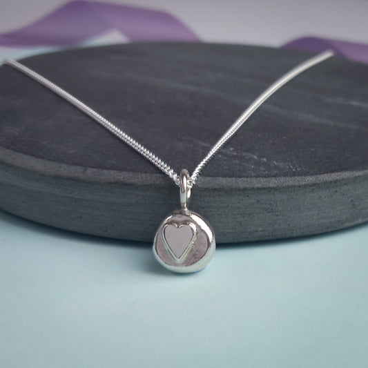Solid Silver Heart Pebble Pendant.