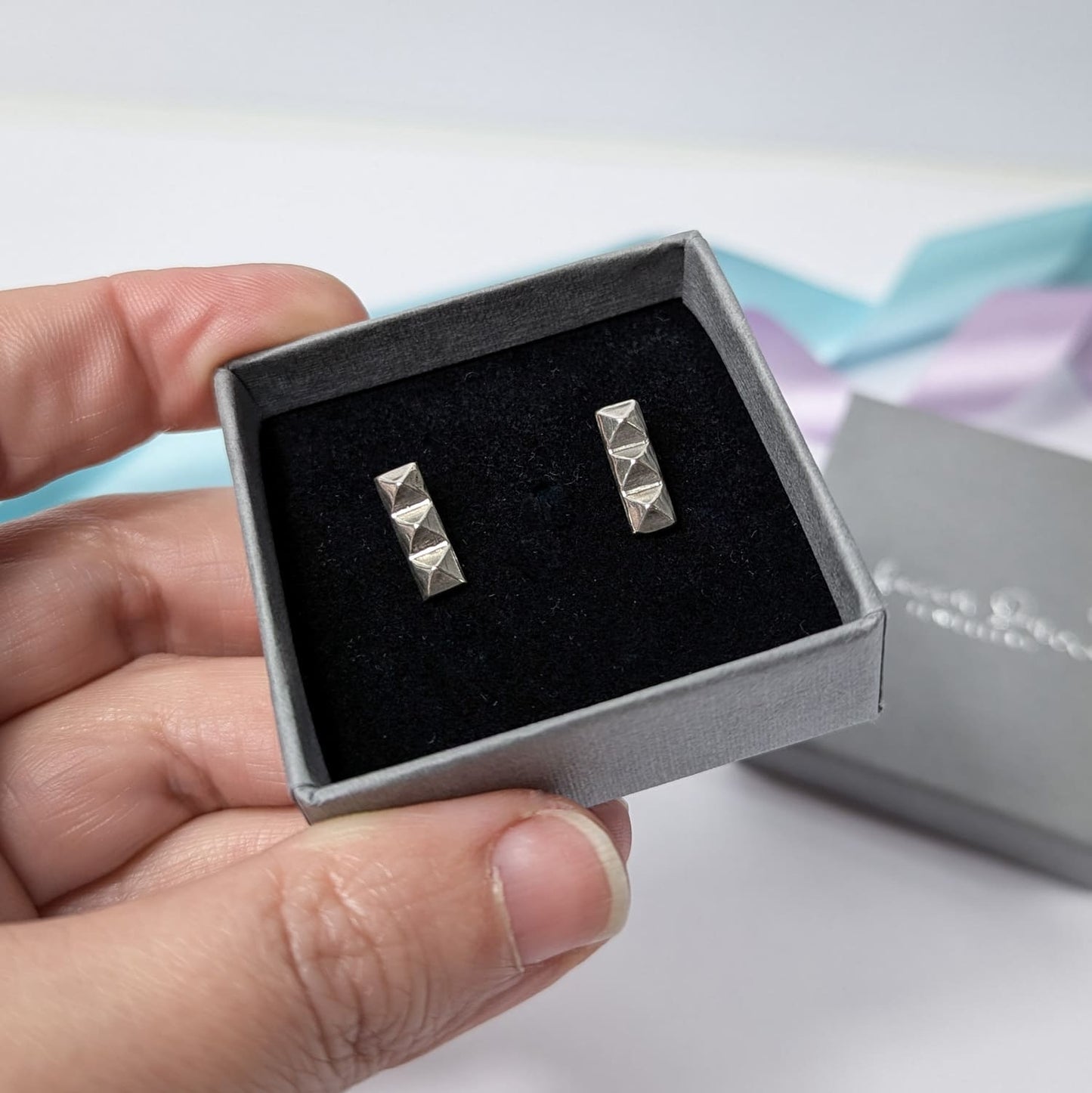 Triple Pyramid Stud Earrings. Sterling Silver