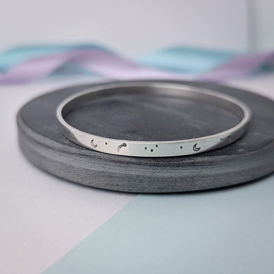 Personalised 'Stargazer' Hand Stamped Bangle. Hallmarked Sterling Silver