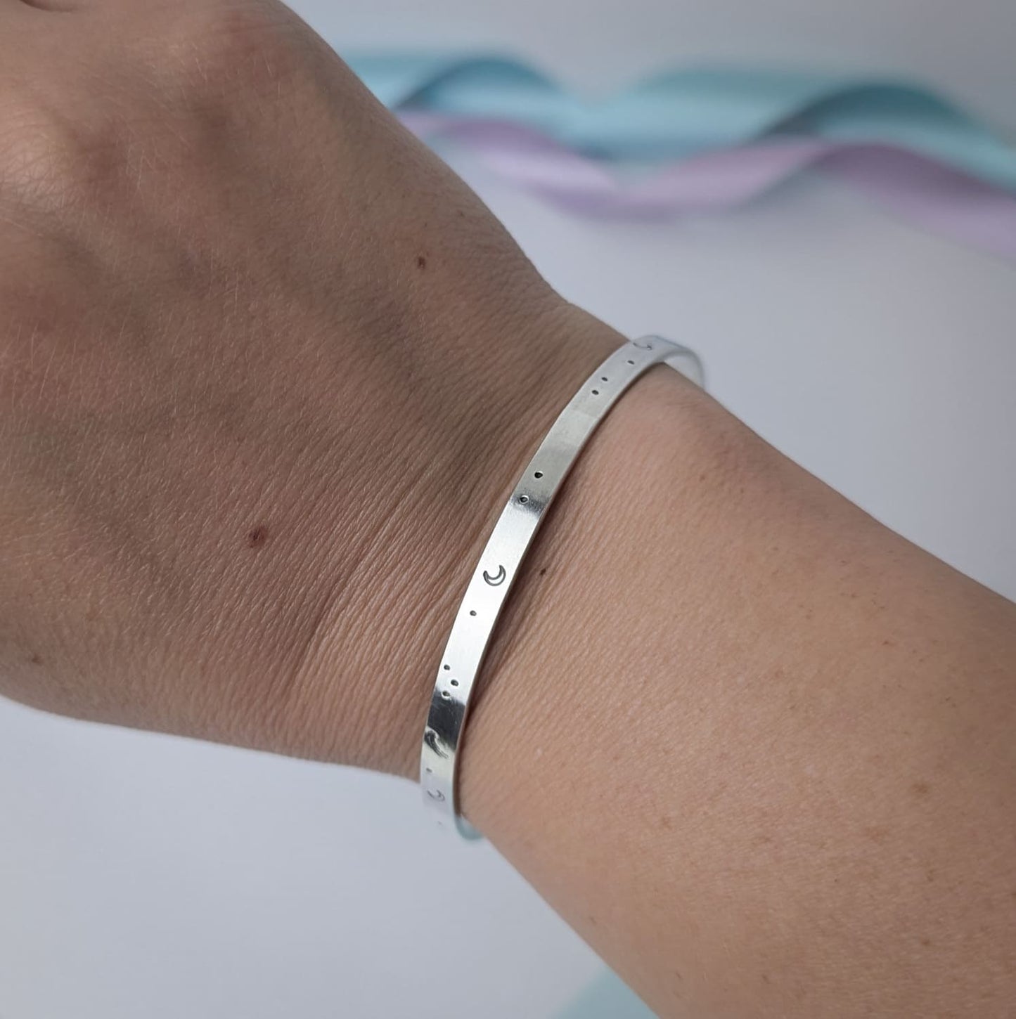 'Meet you at the Moon', Hand Stamped Bangle. Hallmarked. Recycled Sterling Silver.