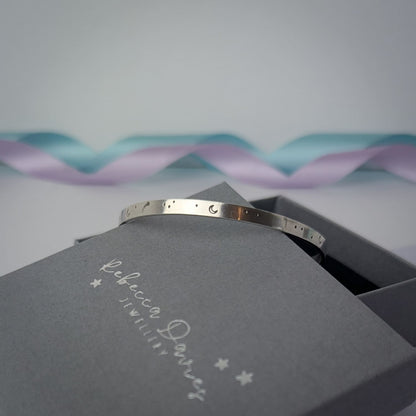 'Meet you at the Moon', Hand Stamped Bangle. Hallmarked. Recycled Sterling Silver.