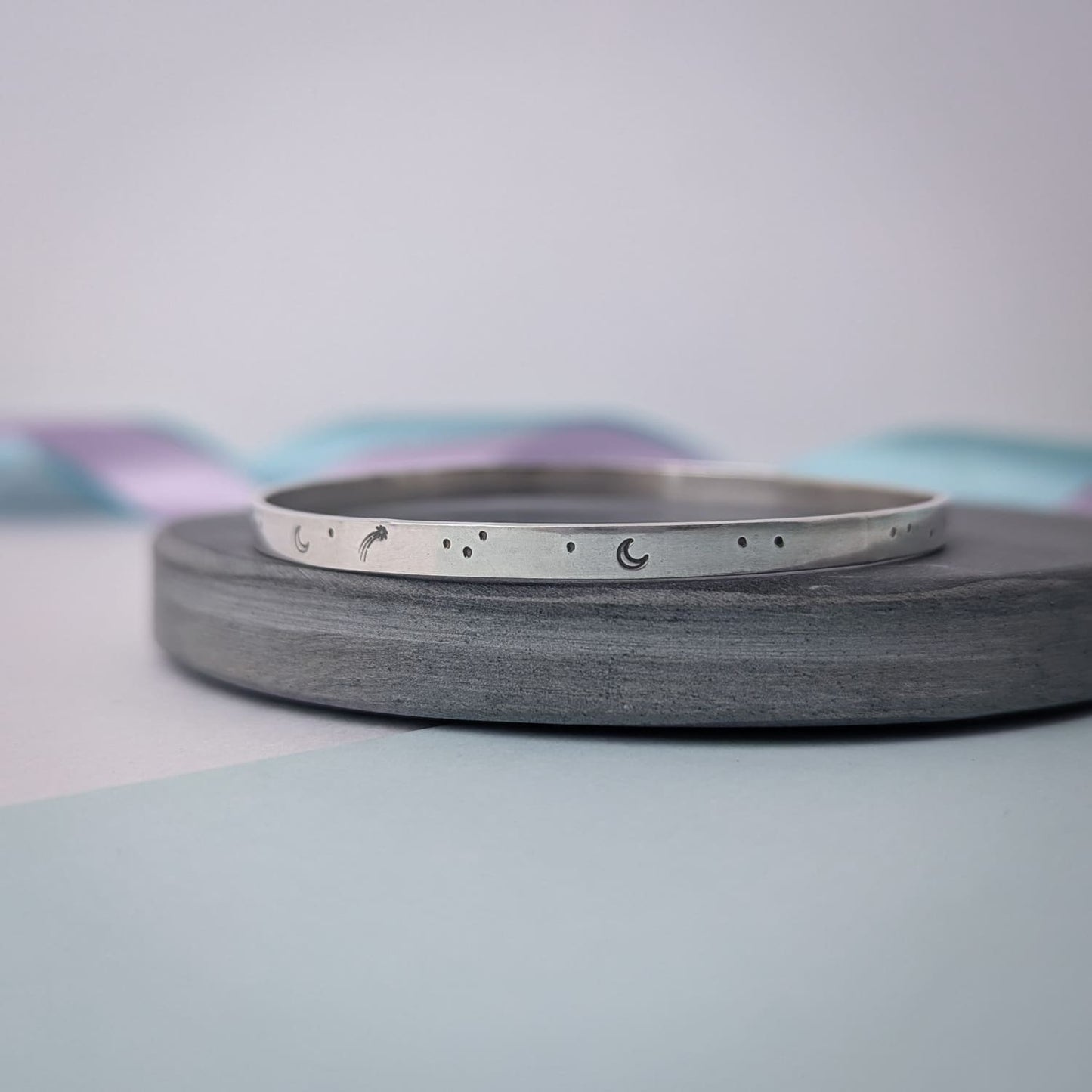'Meet you at the Moon', Hand Stamped Bangle. Hallmarked. Recycled Sterling Silver.