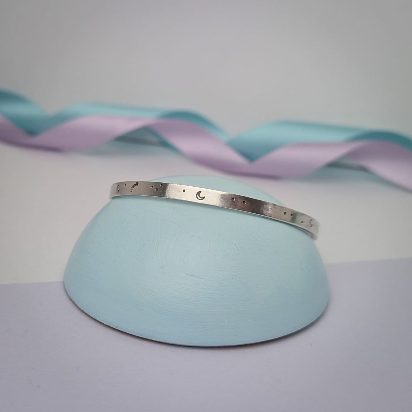 'Meet you at the Moon', Hand Stamped Bangle. Hallmarked. Recycled Sterling Silver.
