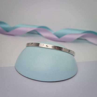 'Meet you at the Moon', Hand Stamped Bangle. Hallmarked. Recycled Sterling Silver.