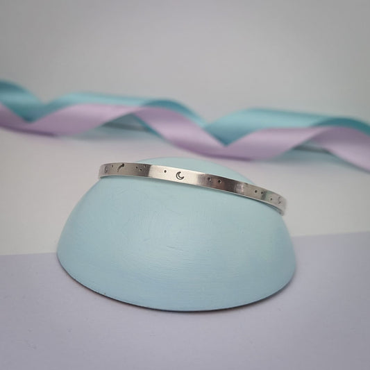 'Meet you at the Moon', Hand Stamped Bangle. Hallmarked. Recycled Sterling Silver.