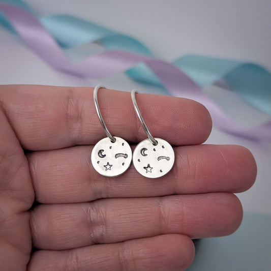 Stargazer disc hoop earrings. Recycled Silver.