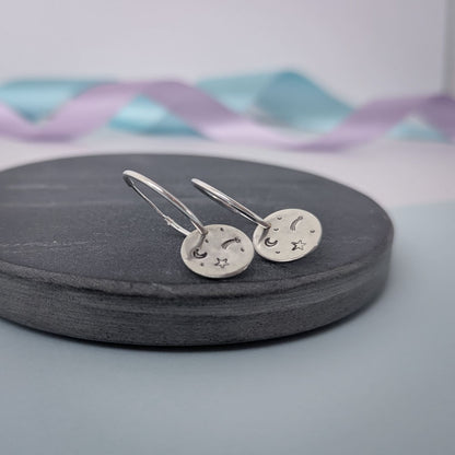 Stargazer disc hoop earrings. Recycled Silver.