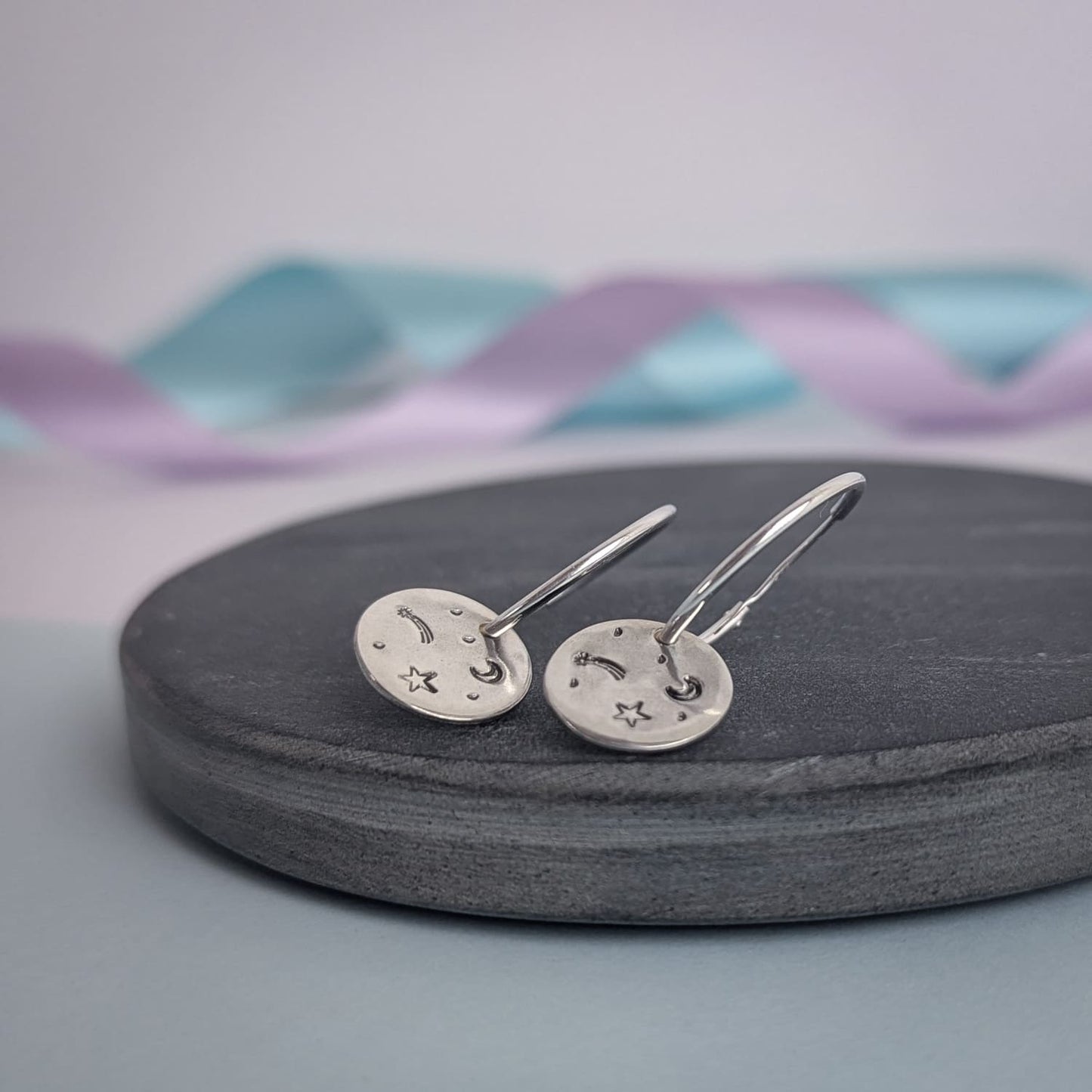 Stargazer disc hoop earrings. Recycled Silver.