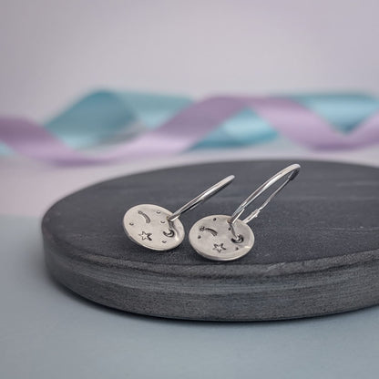 Stargazer disc hoop earrings. Recycled Silver.