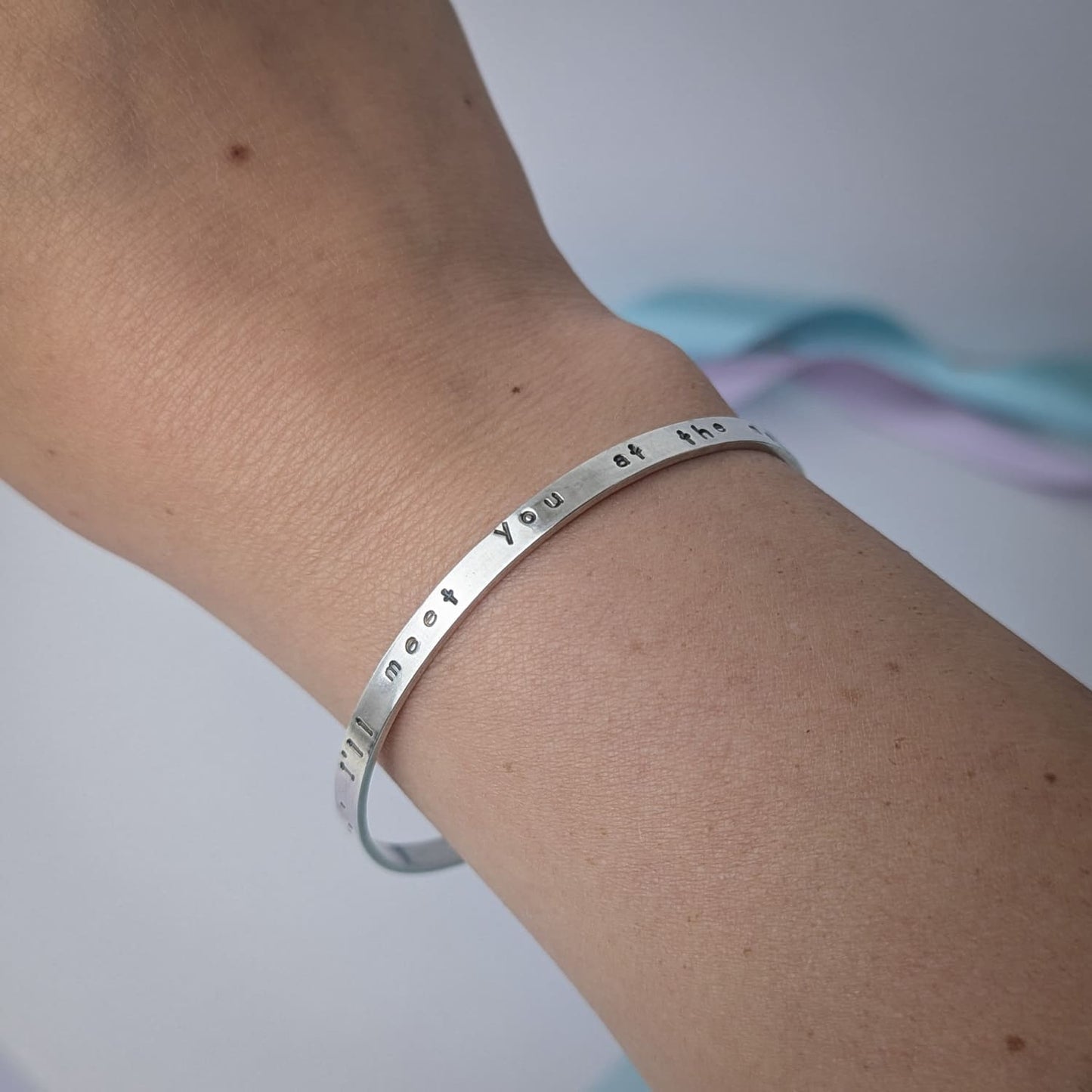 'Meet you at the Moon', Hand Stamped Bangle. Hallmarked. Recycled Sterling Silver.