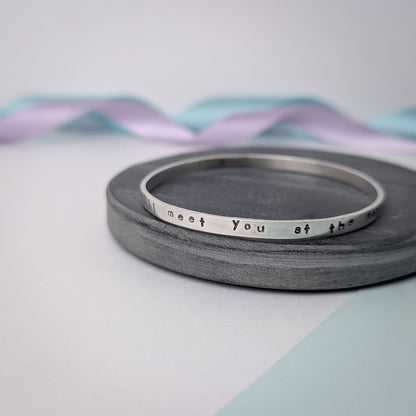 'Meet you at the Moon', Hand Stamped Bangle. Hallmarked. Recycled Sterling Silver.