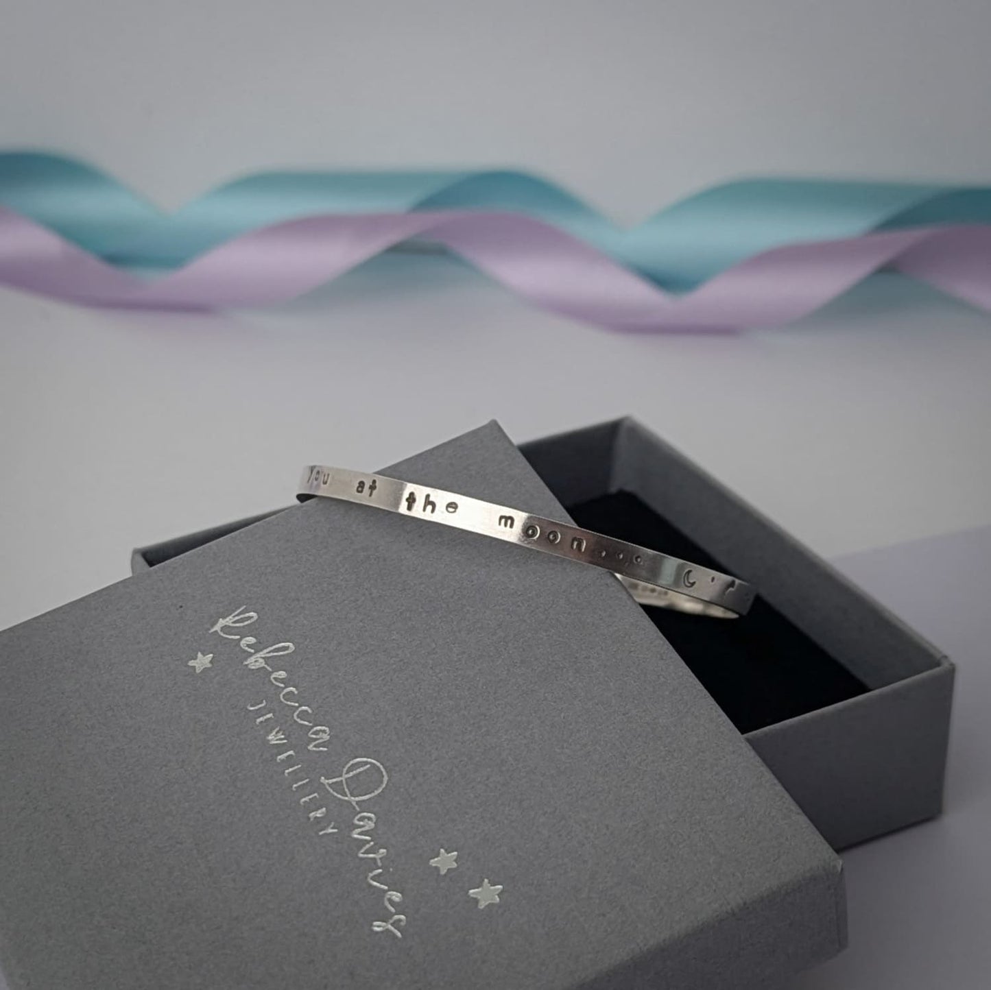 'Meet you at the Moon', Hand Stamped Bangle. Hallmarked. Recycled Sterling Silver.